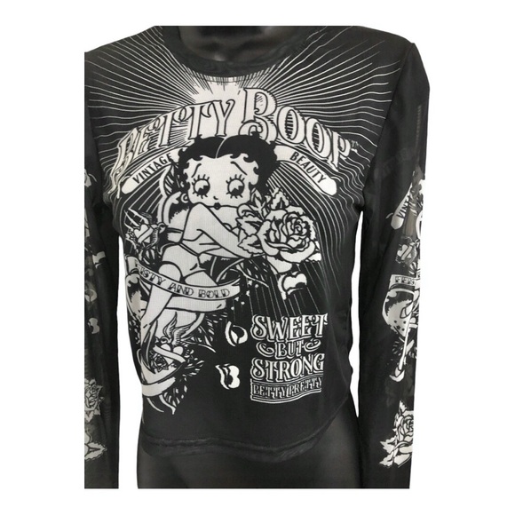 Betty Boop black sheer mesh sweet but strong graphic print long sleeve tee sz M - Picture 1 of 13